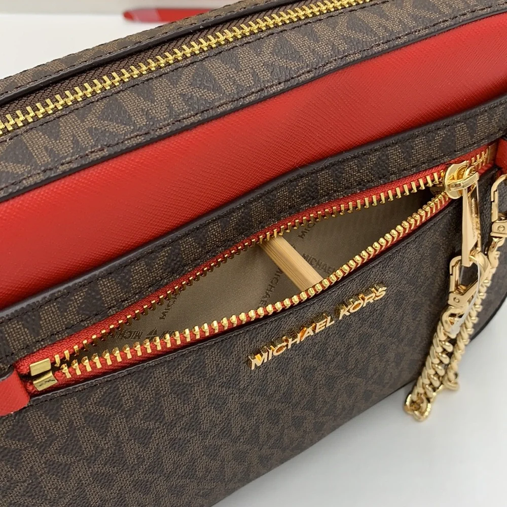 MICHAEL KORS LARGE EAST WEST ZIP CHAIN XBODY FLAME MULTI/ BROWN - Picture 11 of 16